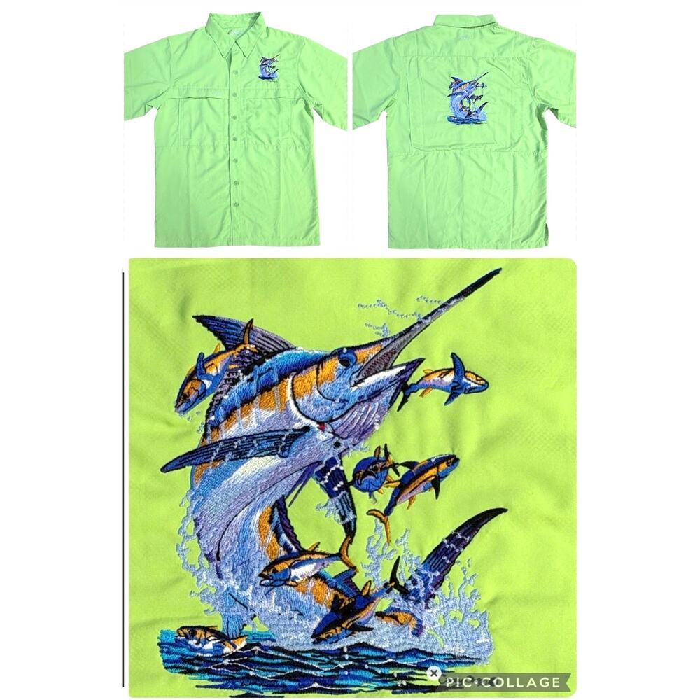 GameGuard Fishing Shirt Artist Embroidered Blue Marlin Resort Performance Medium